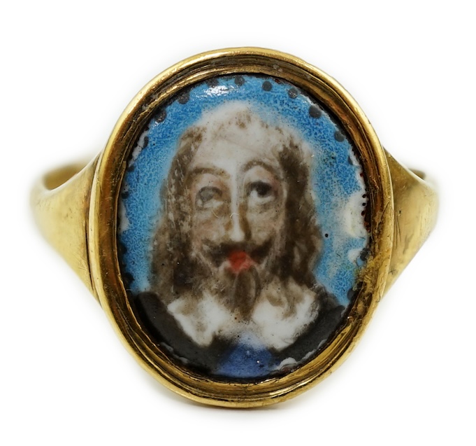 A mid 17th century Charles I gold and enamel oval memorial ring